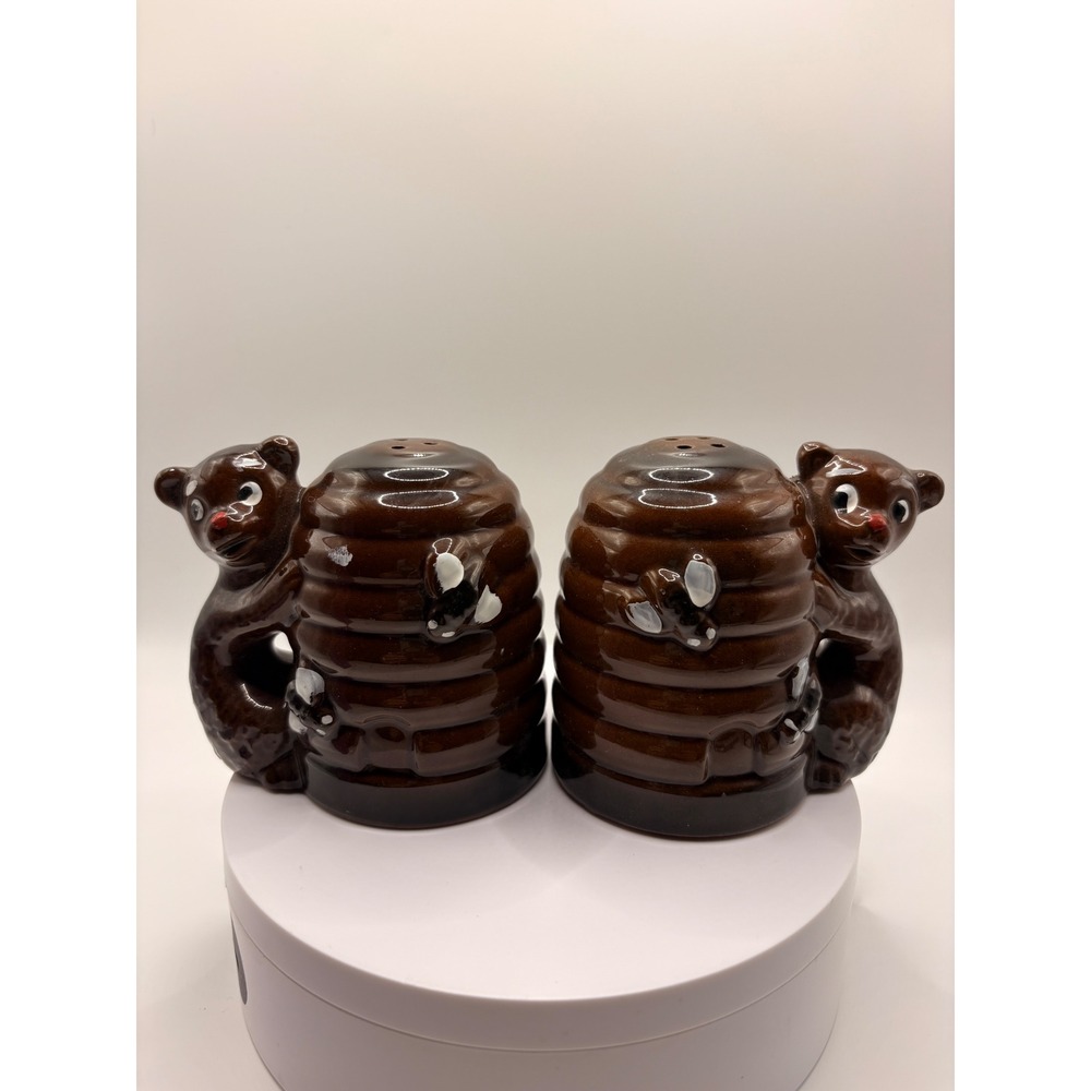 Vintage Ceramic Bear and Beehive Salt and Pepper Shakers Set Brown Glossy